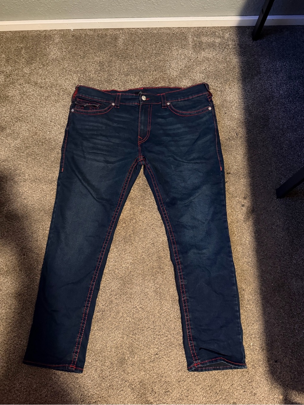 Relaxed Fit Men's Dark Blue Jeans with Red Contrast Stitching